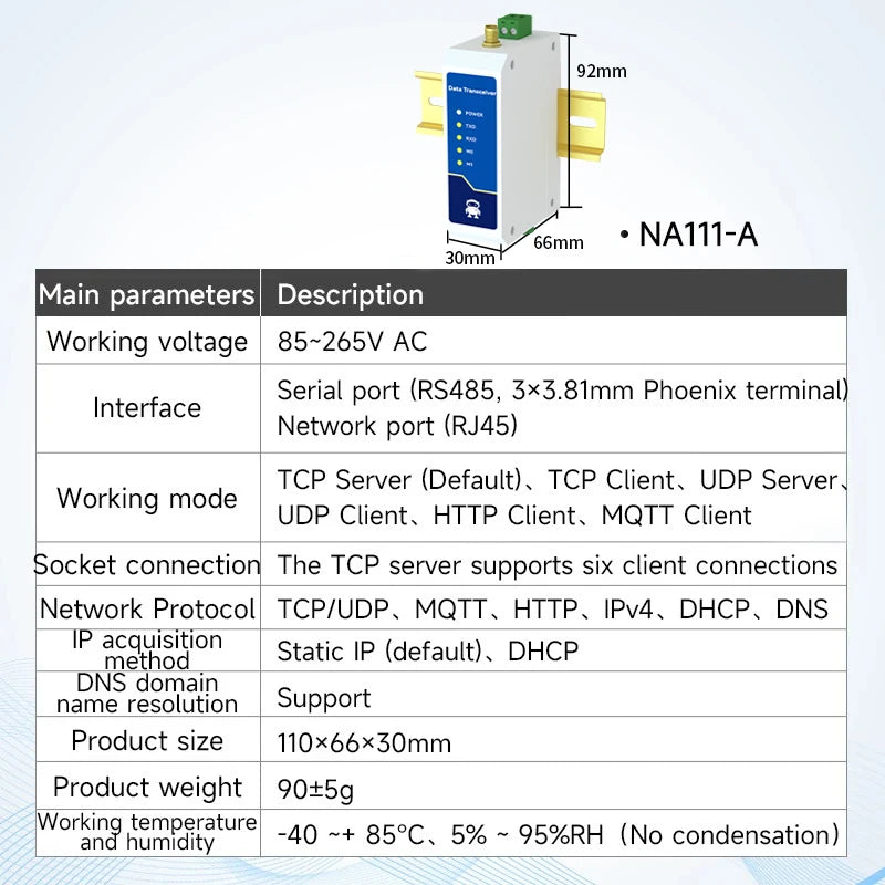 Ethernet Serial Sever RS485 to RJ45 Rail Industrial Standard AC/DC/POE Data Transmission Transceiver CDEBYTE NA111 Series