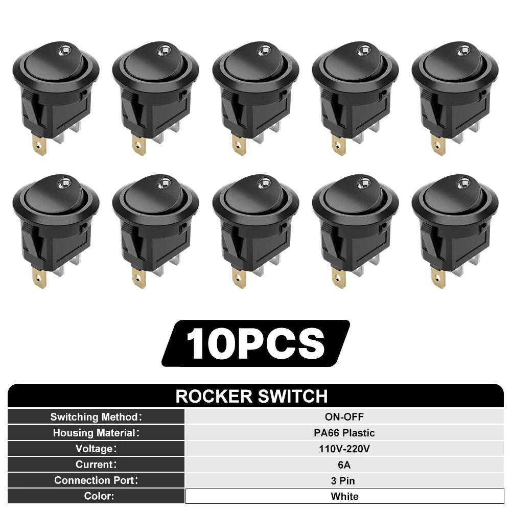 FILN 10Pcs 12V 24V 110V 220V Round Rocker Switch 3 Pin ON OFF LED Lighted Car Dash Boat Marine RV SPST Toggle Switch