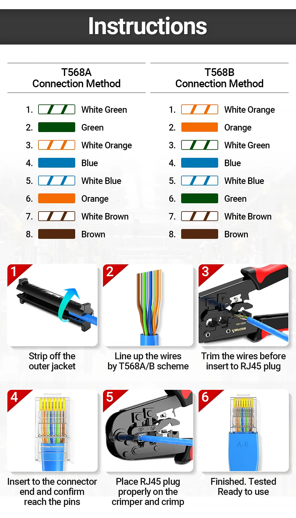 AMPCOM CAT5e RJ45 Connector 8P8C Modular Ethernet Cable RJ 45 Ends Ethernet Cable Crimp Connectors UTP Network Plug