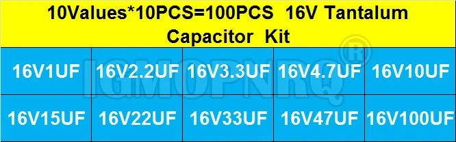 100PCS 10Value*10Pcs 16V Tantalum Capacitor Assorted Kit Box Assorstment