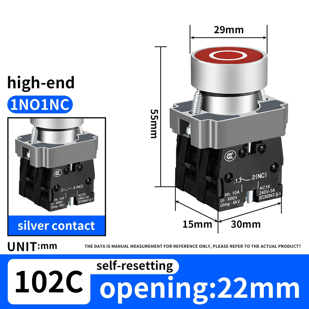 10Pcs 22MM Momentary symbols Push Button Switch 1NO1NC SPDT 10Amp 600V Metal Head Waterproof IP65,Control power button switch