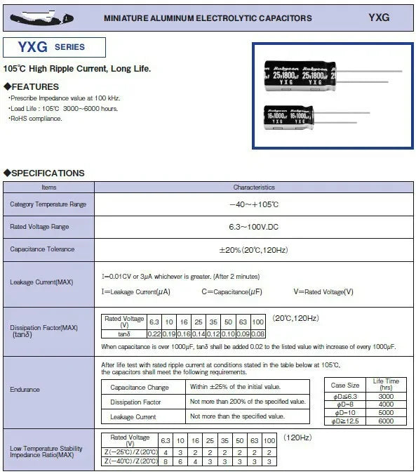 10Pcs/100Pcs 470uF 25V Rubycon YXG Series 8x20mm High Ripple Current Long Life 25V470uF Electrolytic Capacitor