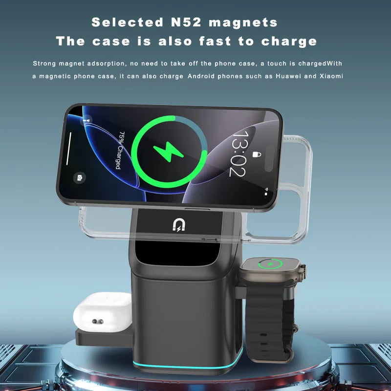 3 in 1 Magnetic Wireless Charger Fast Charger Intelligent Fast Charging for Samsung iPhone 12-16 HUAWEI iWatch AirPods