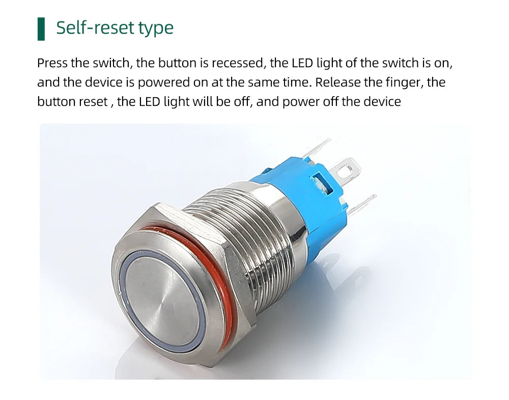 12/16mm Flat LED Illuminated Reset Latching Ring LED Metal Push Button Switch Waterproof On Off with Power Symbol