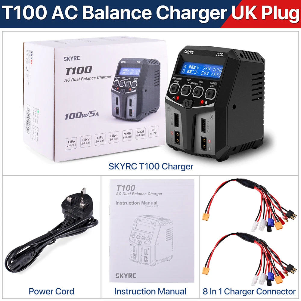 SKYRC T100 AC Lipo Battery Balance Charger Dual 5A 2X50W for 2-4S NiMH / NiCd / LiPo / LiFe / Lilon / LiHV  RC Car Charger