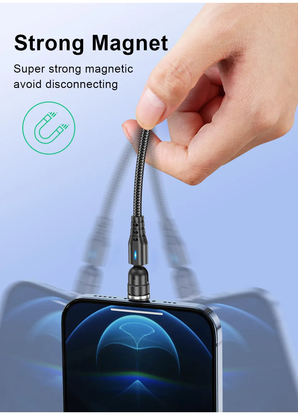 USLION 540 Rotate 5A Magnetic Cable Fast Charging Type C Cable Micro USB Magnet Charge Phone Data Line Wire For iphone 15 Xiaomi