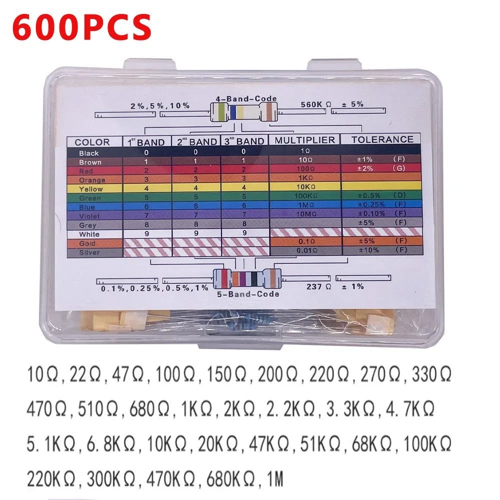 300/600/2600pcs 1% Resistor Set Resistance 1/4W Metal Film Resistors Kit 10Ohm ~1M Ohm 30/130Values Electronic Components Kit