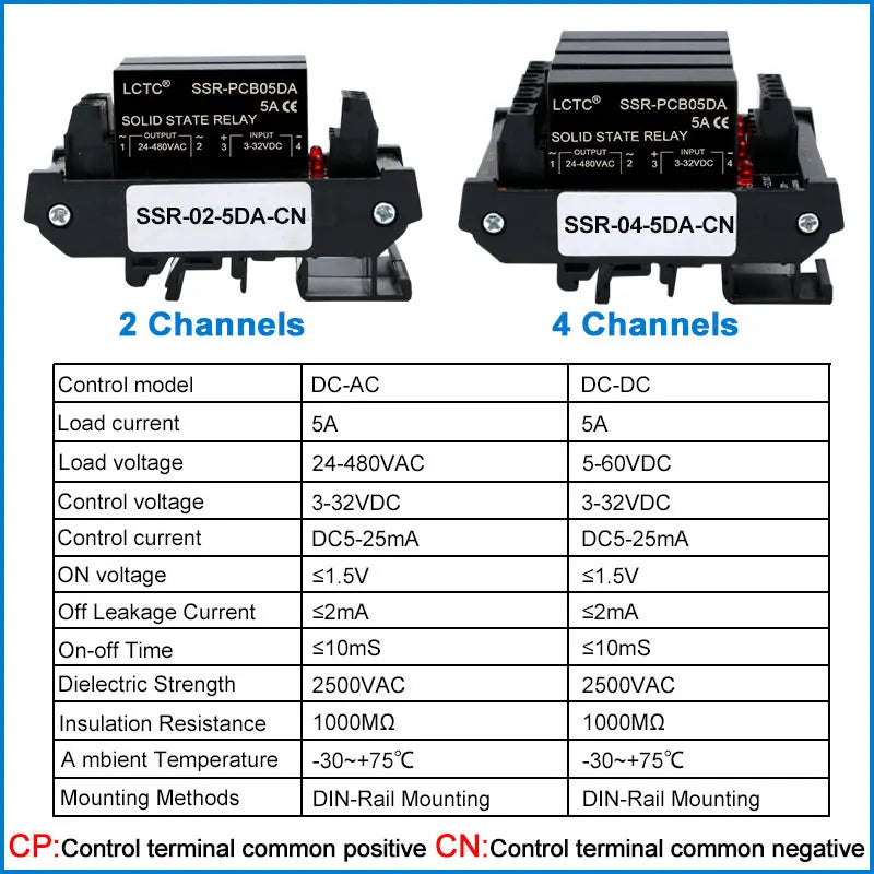LCTC Solid State Relay Module 2 Or 4 Channels Relay DC TO AC DC TO DC 5A Common Positive Common Negative SSR DIN Mounted Relay