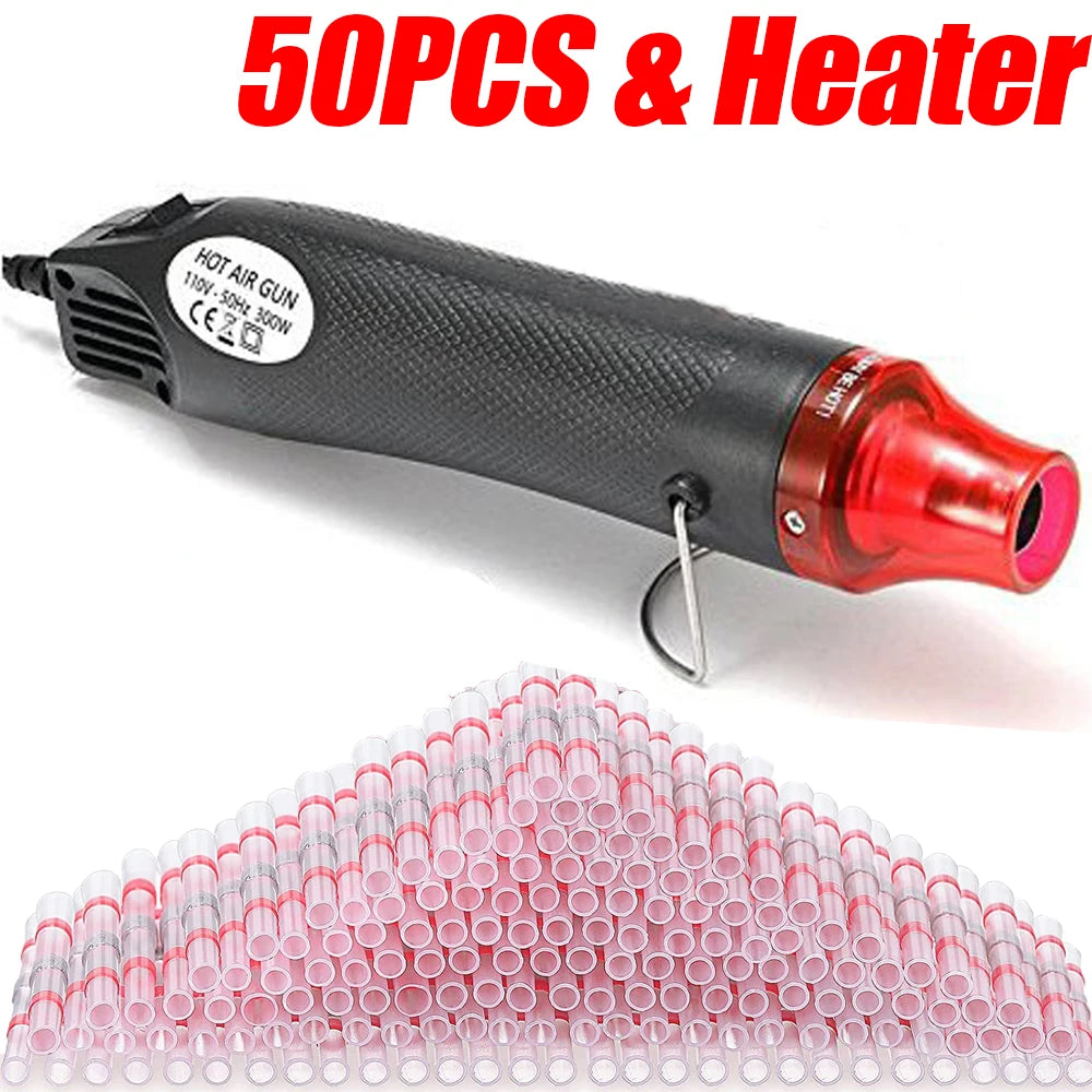 50-1000PCS Heat Shrink Butt AWG22-18 Red Solder Insulated Waterproof Electrical Splice Wire Connectors with Hot Air Gun Us/Eu