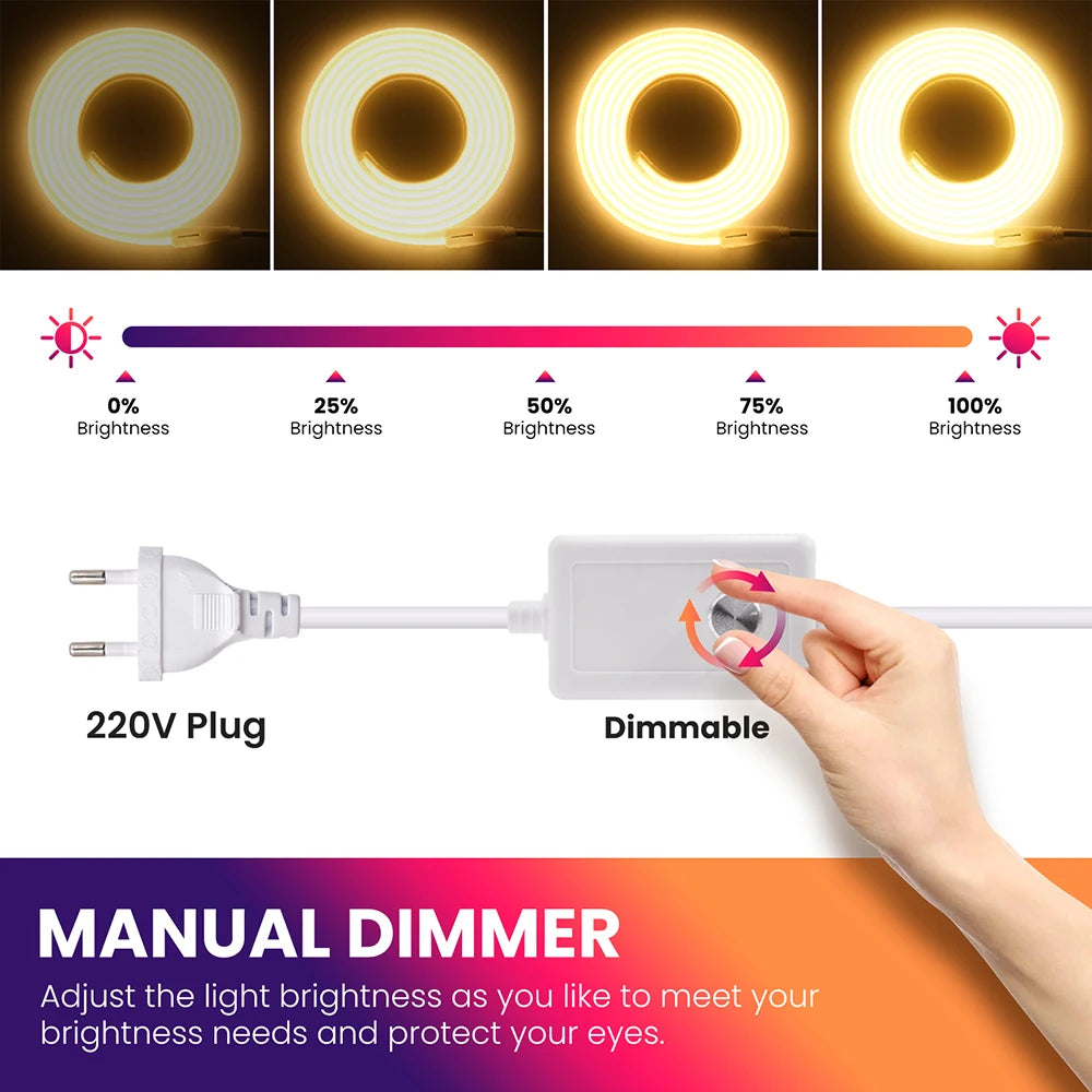 220V Led COB Neon Strip Light Dimmer Switch Power Plug Kit White Blue Pink Red Purple Yellow 5m 20m 30m 0.5m 288LED/m Flex Decor