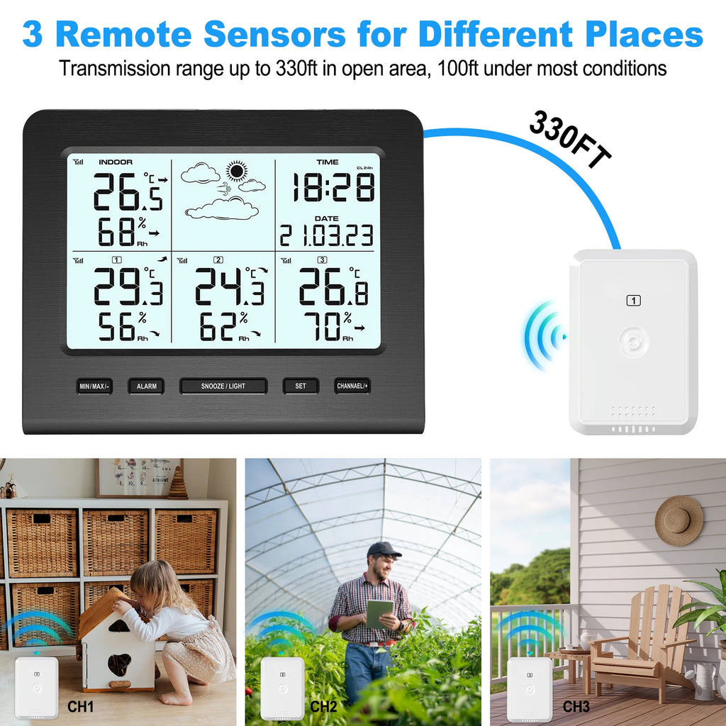 3 Sensors Weather Station with 100m Wireless Transmission Backlight LCD Alarm Clock  for Indoor/Outdoor Temp Humidity Monitor