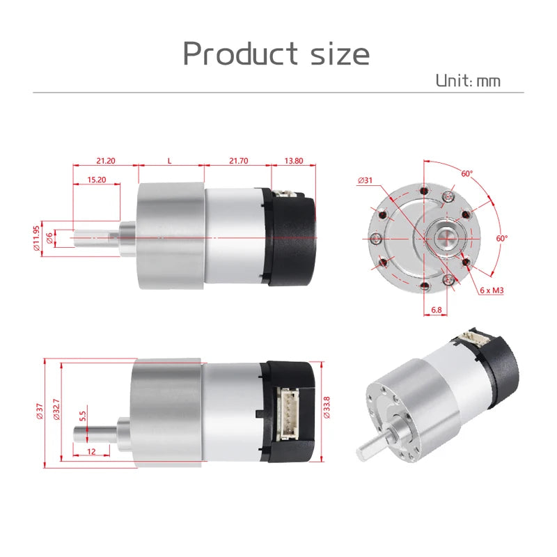JGB37-520 Hall Encoder DC Geared Motor, 6V/12V, Reversible, High Torque 21KG.CM, All-metal Geared DC Motor With Hall Encoder.