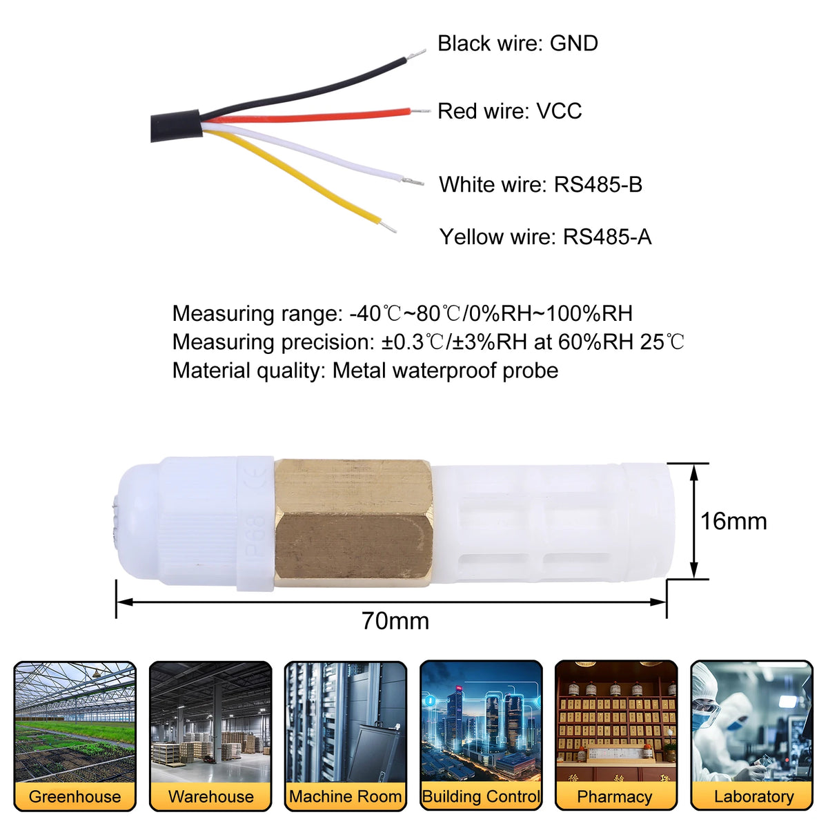 RS485 Temperature Humidity Sensor Transmitter SHT40 PE Metal Waterproof Probe -40C to 120C 0-100%RH Modbus-RTU Real-Time Monitor