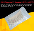 33valuesX 20pcs=660pcs 0603 Resistor Kit Assorted 1R To 1M Ohm 5% SMD Sample Kit DIY 3.3R 5.1R 10R 22R 47R 62R 82R 100R 1K 10K