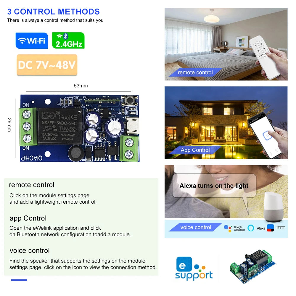 EWelink Smart WiFi Relay Smart Switch DC 5V 12V 24V 48V WirelessRemote Control 1 Way Alexa Googole Home Voice Control