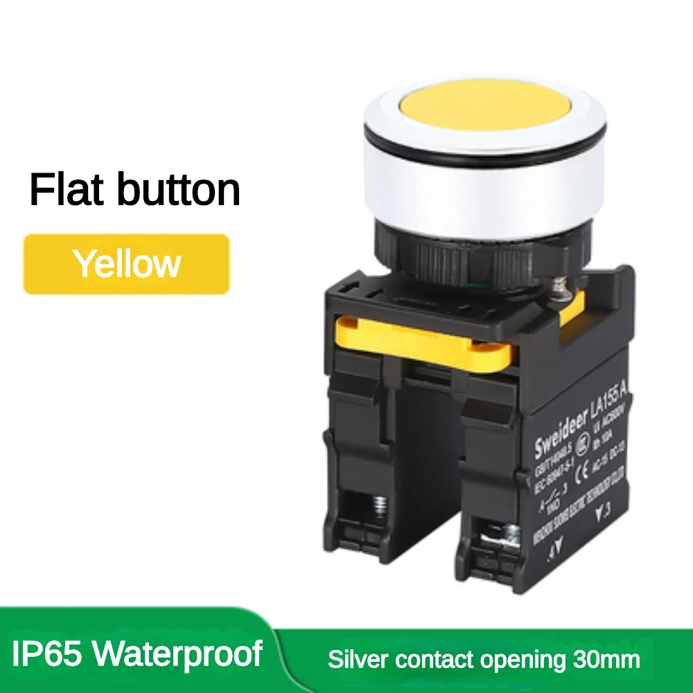 30mm Button Switch Waterproof Momentary Reset Self Locking Power Push Button Switch Flat Head 10A 1NO 1NC 2NO Red Green Yellow