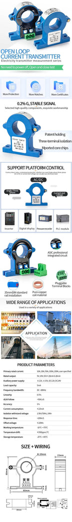 Split Core Current Transmitter 0-500A AC DC Hall Current Sensor Transducer 20mm Hole 0-10V 4-20mA RS485 Current Transmitter