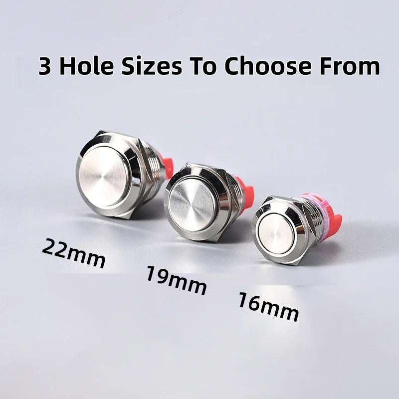 Push Button Switch Metal Screw Terminal Soldering 16/19/22mm Short 7A Latching Self-Locking/Reset LED Light 6/12/24/110/230V