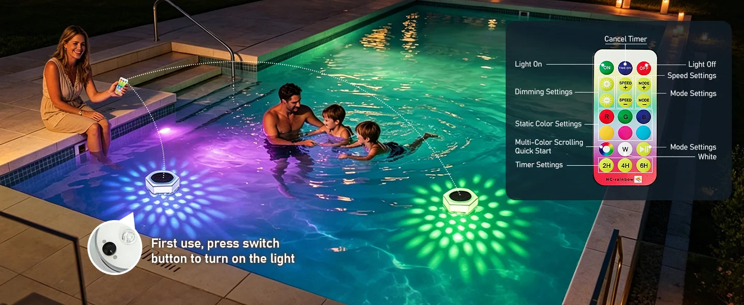 Solar Pool Lights 1/2 Pack, RGB Changing Floating Pool Lights with 10m Remote Control, 4 Dimming, 13 Lighting, Timing Mode, IP68 Waterproof for Inground/Above Ground Pool, Party Decoration