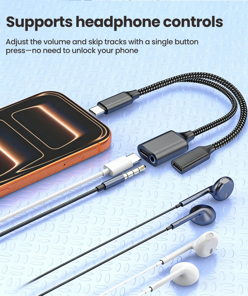 3 in 1 USB C Adapters Type-C to 3.5mm/Type-C Headphones+ Type-C Charging Connector For iPhone 15-17 Xiaomi Huawei Samsung Phones