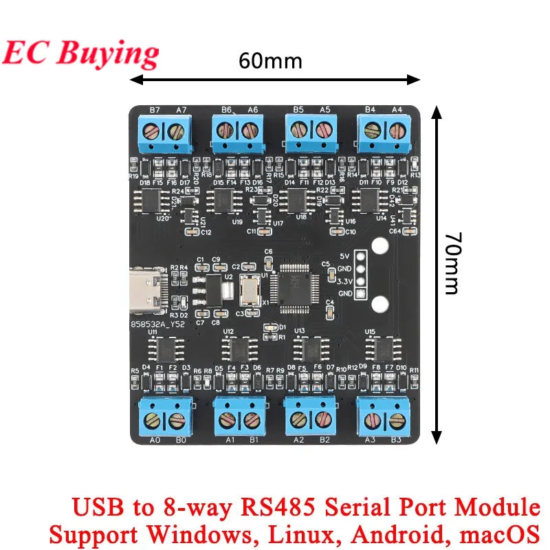USB to 4 8-way RS485 Serial Port Type-C to 4 8-way 485 Multi-channel UART TTL CH348 HUB RS485 Module Expansion Board YR-6028