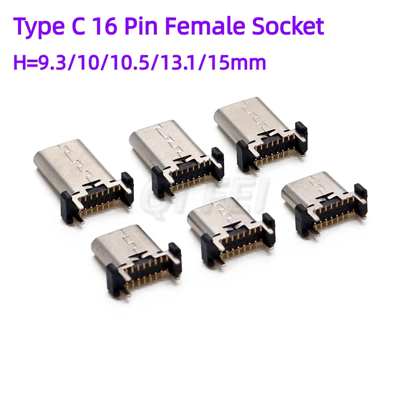 5pcs Type C 16 Pin Female Socket Connector Vertical SMT 180° PBC Plug-in Board USB Type-C 16P Plug Power Socket Connector