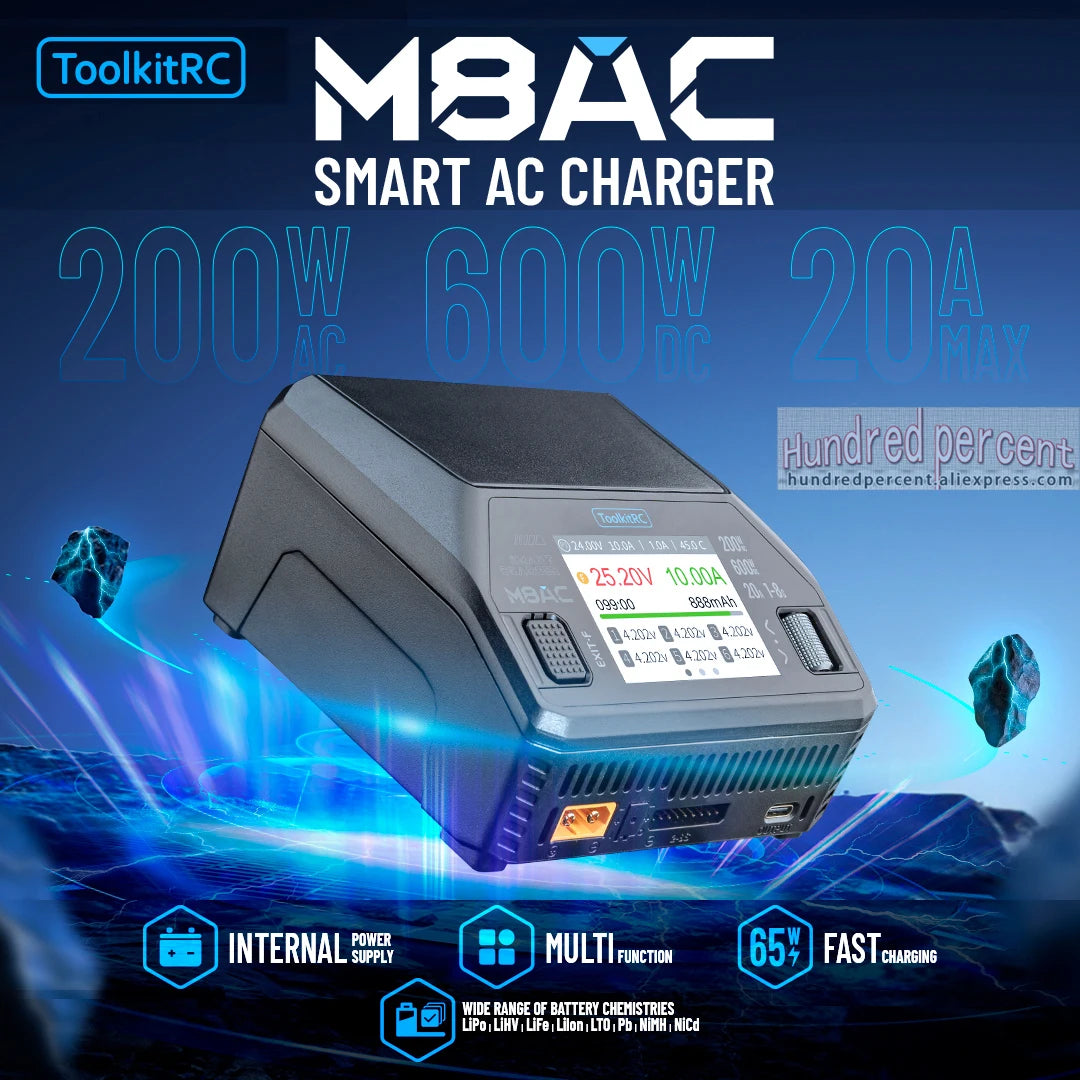 ToolkitRC M8AC Smart Lipo Battery Charger Discharger AC 200W DC 600W 20A for 1-8S LiHV Lipo Battery PD 65W FPV Model Parts Car