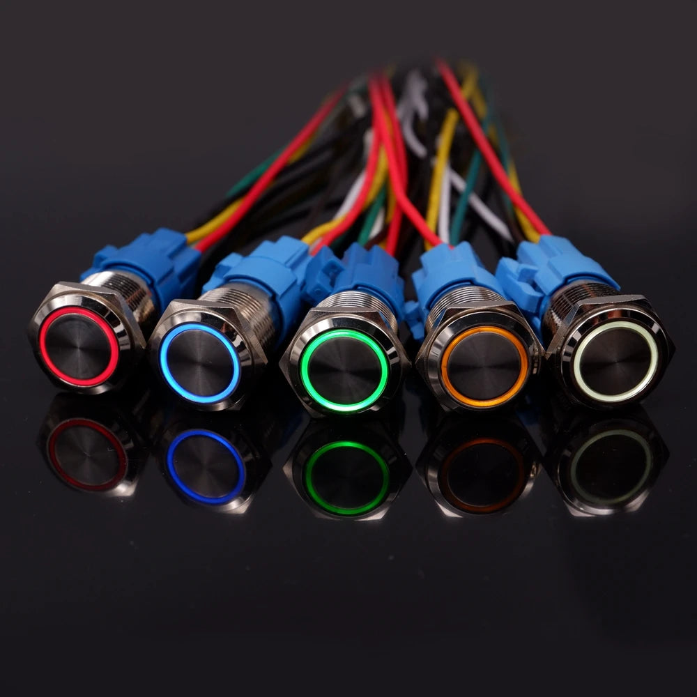 10PCS 16mm 19mm Metal Power Switch Button Flat Round LED Lamp Light Waterproof Latching /Self-reset Button Car Start Switch 12V