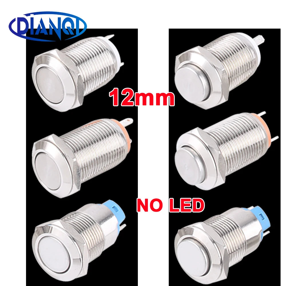 12mm metal push button waterproof nickel plated brass button switch Latching/self-locking/fix high/flat head on-off NO LED