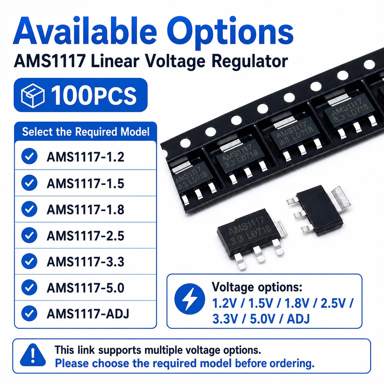 100PCS AMS1117 LM1117 SOT-223 LDO Linear Voltage Regulator IC 1.2V 1.5V 1.8V 2.5V 3.3V 5V ADJ