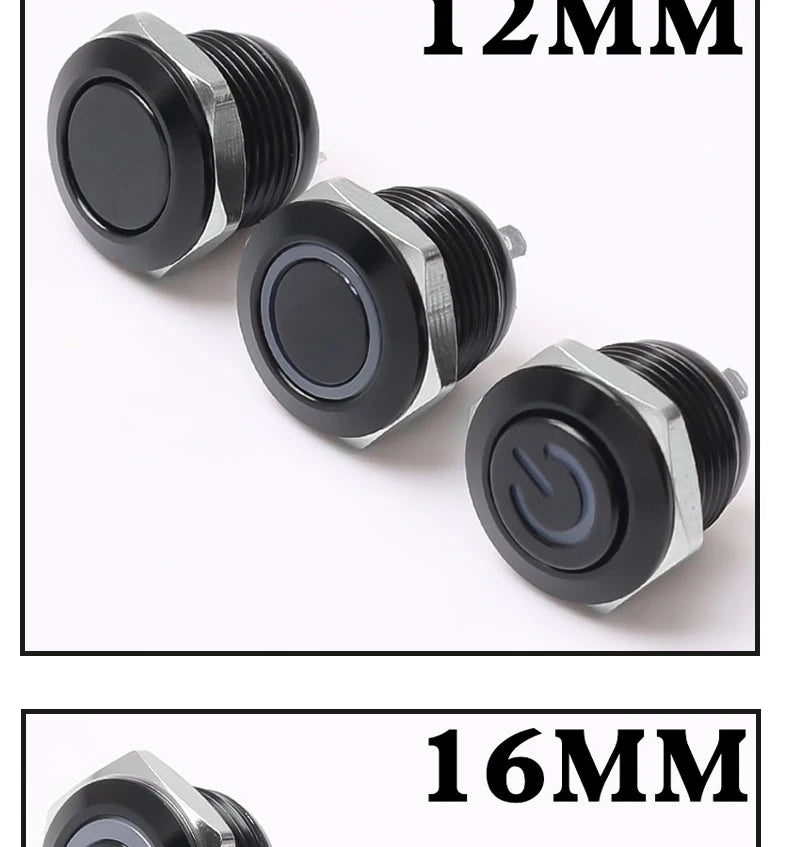 12/16/19/22mm Short Stroke Oxide Blcak Shell Metal Button Switch Waterproof Flat Head With Power LED Light Momentary 1NO 6V 24V