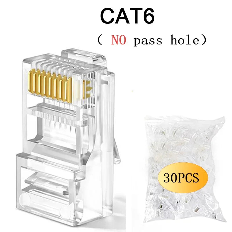 RJ45 Connector Pass Through CAT6 CAT5E Modular Plug Network Ends UTP 3U 50u Gold Plated 8P8C Crimp End for Ethernet Cable
