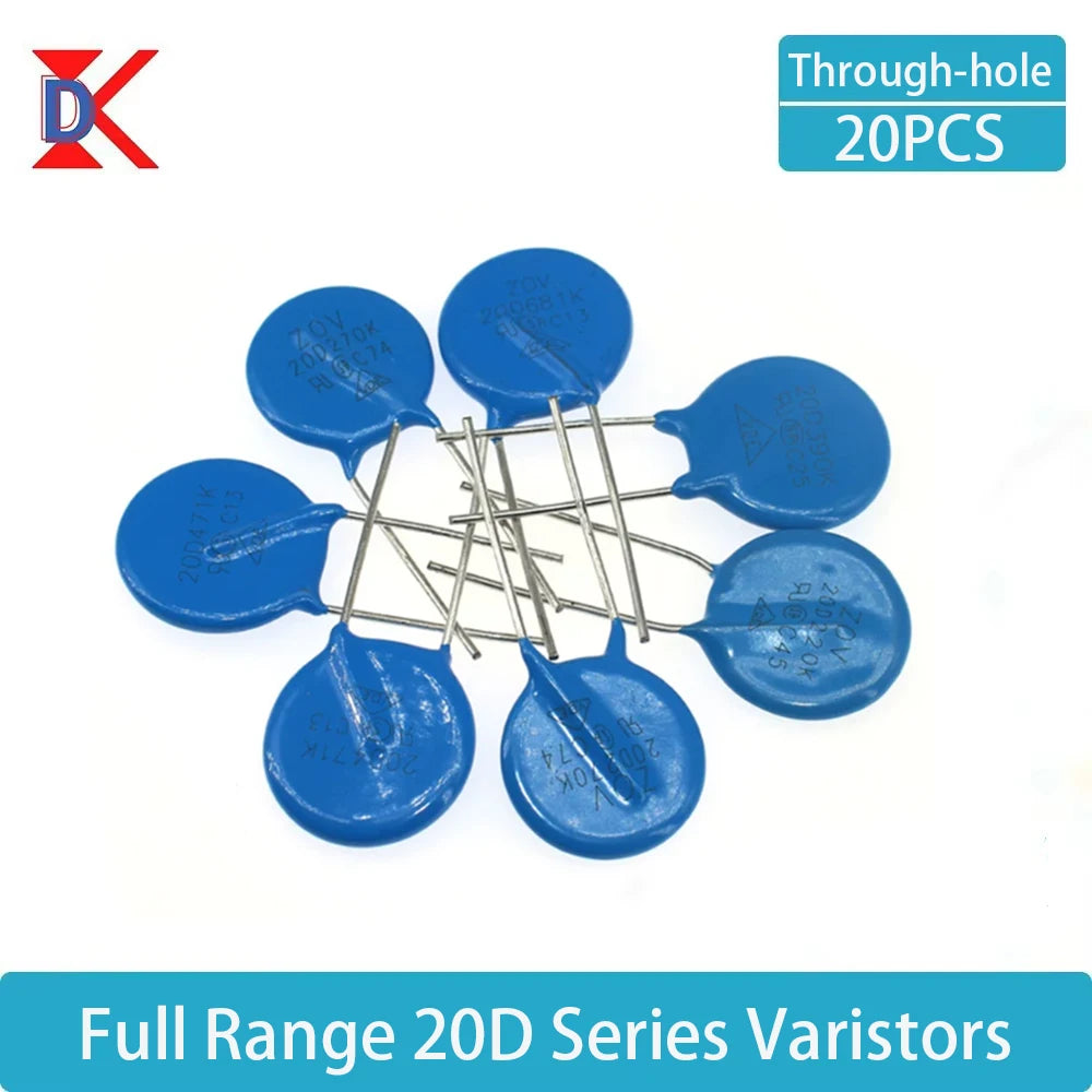 20PCS 20D Series MOV Varistors, available in multiple specifications: 101/121/151/181/201/221/271/301/331/391/431/471