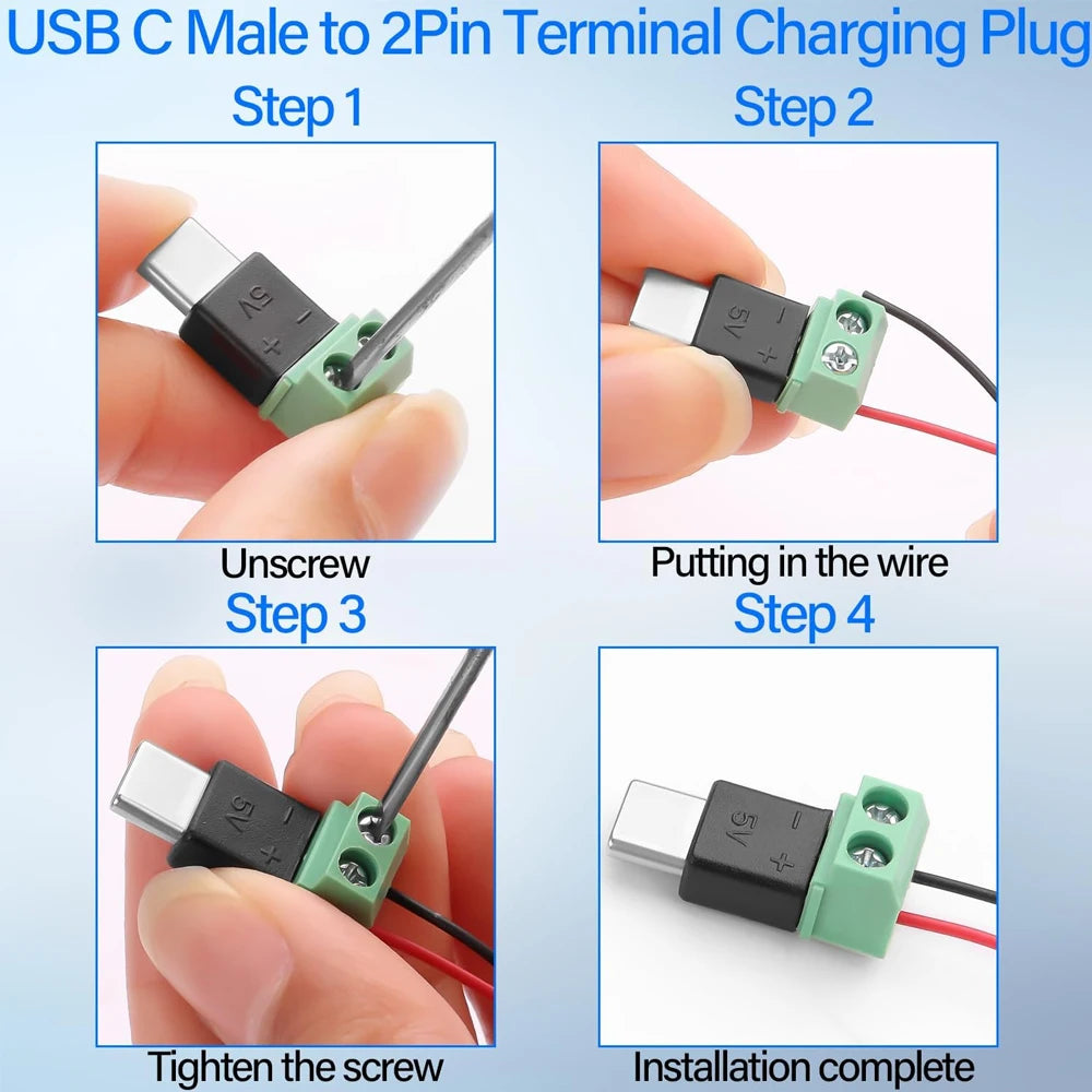 Solderless Plug USB C to 2Pin Terminal Adapter Screw Micro Type-C Male to 2 Pin Crimp Terminal Block 5V Charging Conversion