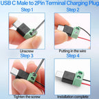 Solderless Plug USB C to 2Pin Terminal Adapter Screw Micro Type-C Male to 2 Pin Crimp Terminal Block 5V Charging Conversion