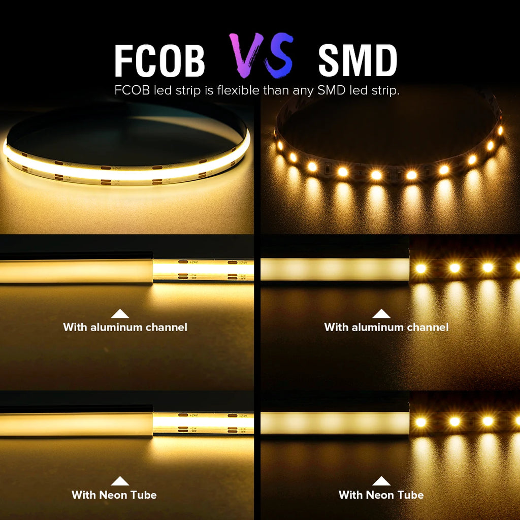FCOB CCT LED Light Strip 640 LEDs High Density Flexible FOB COB 10mm Led Lights RA90 3000K to 6000K Linear Dimmable DC12V DC24V