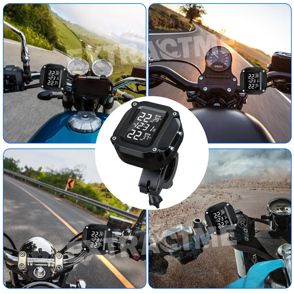 Extractme Tire Pressure Monitoring System Colorful Display Wireless TPMS Motorcycle Solar Charge Tyre Temperature Alarm Sensor
