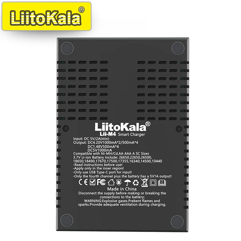 LiitoKala for 18650/26650/AA/AAA Li-ion/Ni-MH LCD Display Safe Fast Charging Lii-M4/M4S 4-Slot Smart Charger