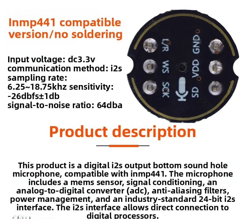 INMP441 Omnidirectional MEMS Microphone Module High Precision Low Power I2S Interface for ESP32