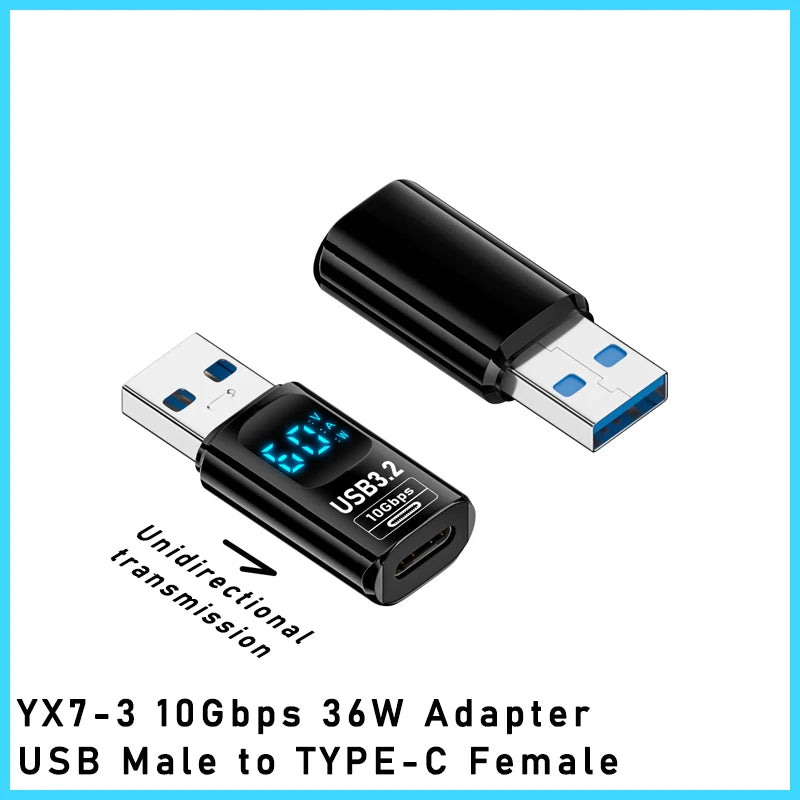 Digital LED Display USB 3.2 Adapter 36-60W 10Gbps Laptop Type-C Converter Data Transmission Smart Chip Power Meter Tester
