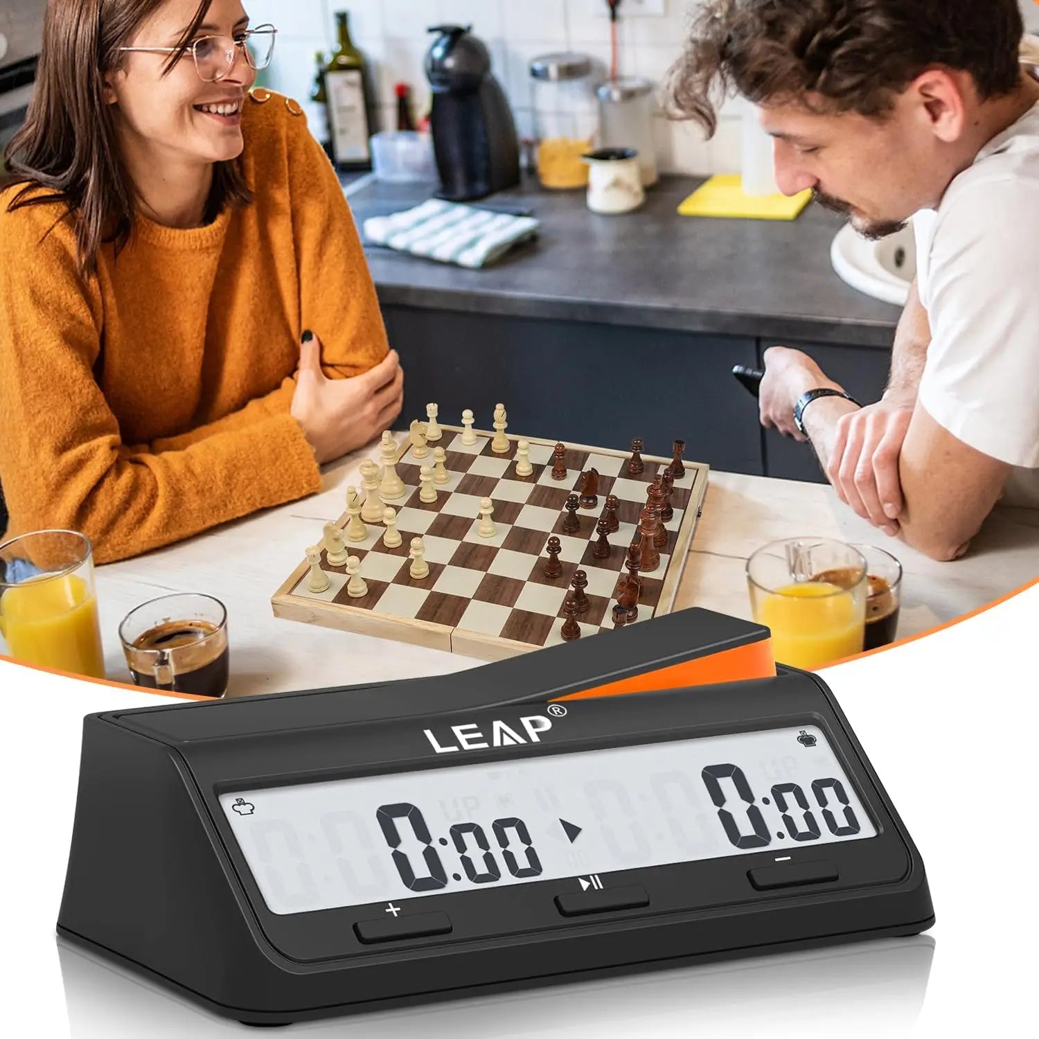 LEAP PQ9917 Chess Clock Digital Chess Timer for Board Game and Chess Timer with Bonus & Delay Count Down up Alarm Black/Orange