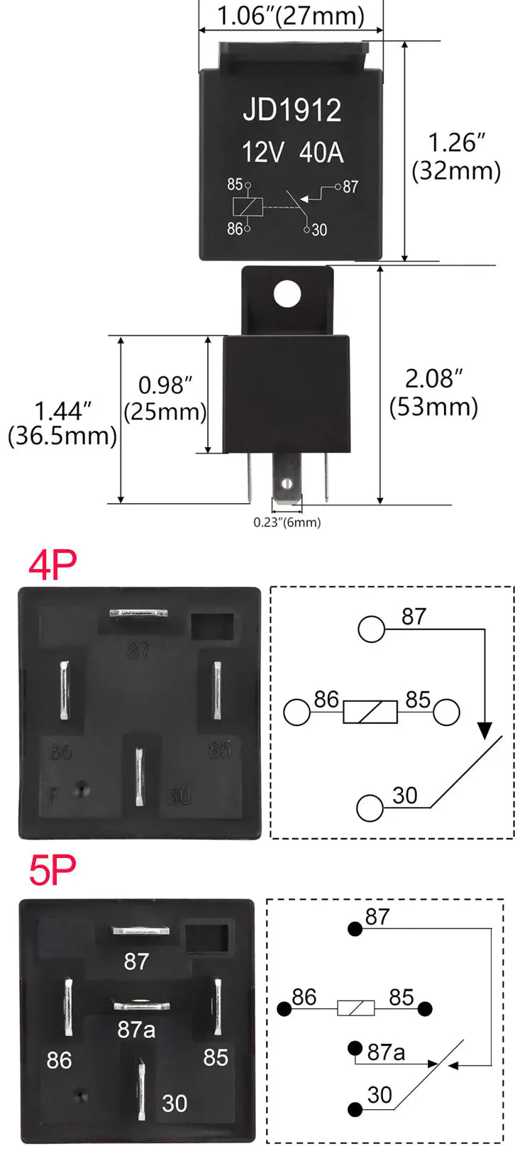 12V/24V 4Pin 5Pin Waterproof Relay 40A Car Auto Relay with Copper Terminals & Socket Metal Insert Relay