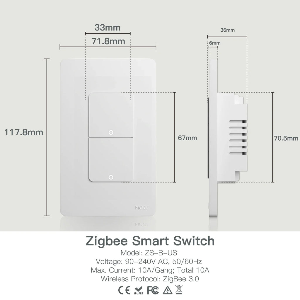 MOES Tuya ZigBee US Smart Light Switch Push Button Wall Switch Neutral Wire/No Neutral Wire Required Work With Alexa Google Home