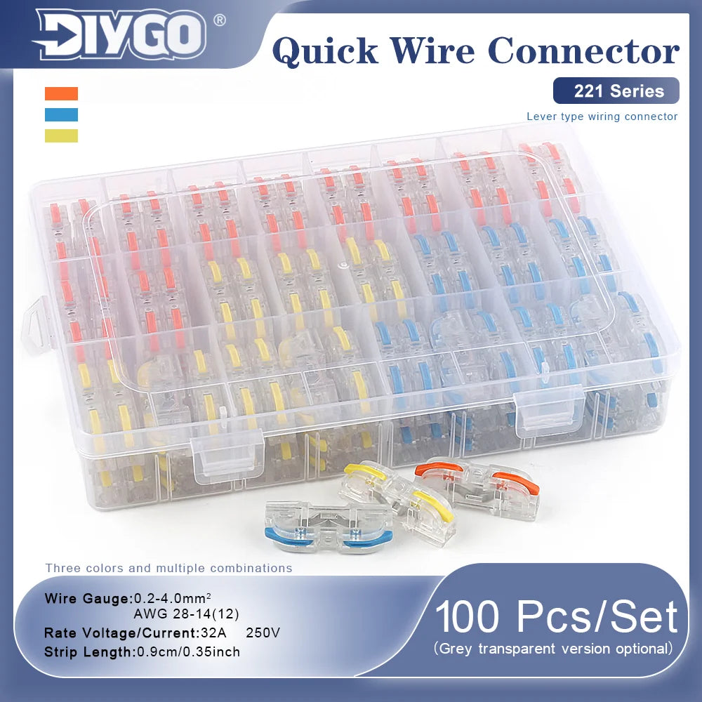 100Pcs 221 Series Boxed Lever Wire Connectors Quick Splicing Terminal Block 0.2-4mm² 32A 250V Electrical Cable Connector Set