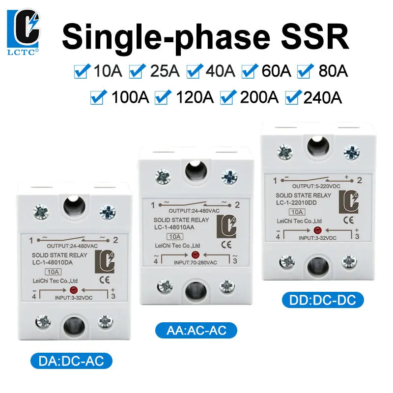 LCTC SSR Relay DC TO AC DC TO DC AC TO AC Solid State Relay Single Phase 10A 25A 40A 60A 80A 100A 120A 200A 240A LC-1-DA/AA/DD