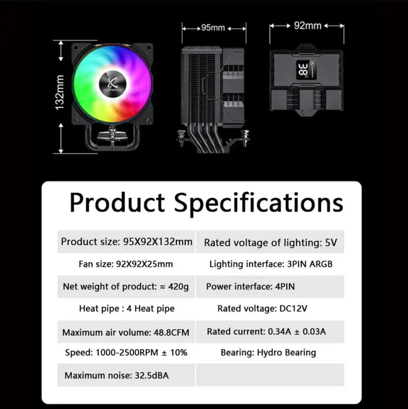Power Train X-Gamerx Z-1300 9cm with Digital Temperature Display Four Heat Pipe CPU Air Cooler ARGB LGA1700 1200 115X AM4 AM5