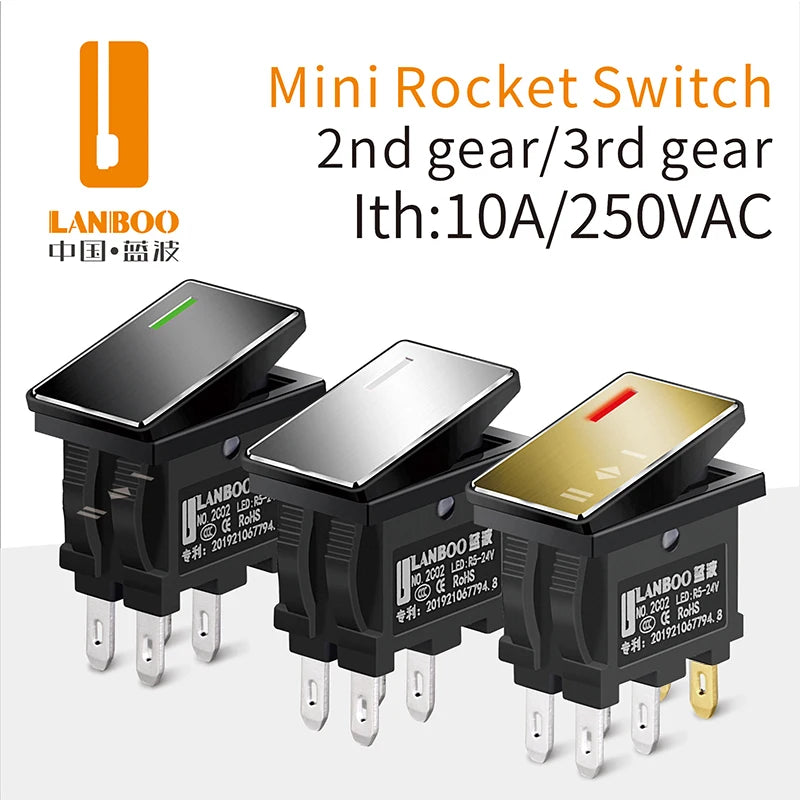 LANBOO 14mm*9mm Series 7Amp High Current Rocker Switch ON-OFF-ON 2/3Position 4/6Pin KCD1  With Red/Green Light  12V24V220V
