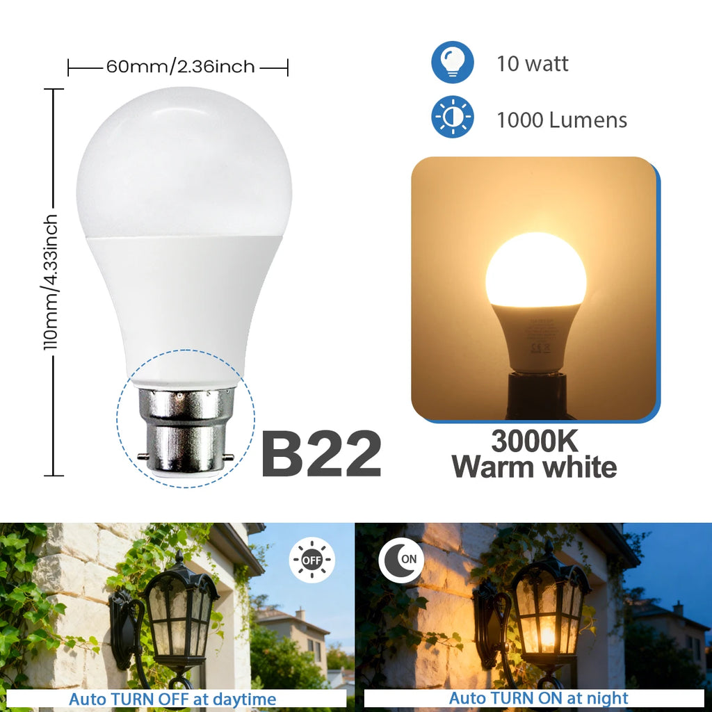 2Pack Led Sensor Control Bulb B22 E27  Bulb Light Dusk To Down AC100-240V 1000lm 10W 3000K-6000K for Underground Garage Corridor