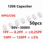 50pcs 1206 SMD Capacitor 1/1.8/2/2.2/2.7/3/3.9/4.7/5/5.6/6.8/8.2/10/12/15/18/20/22/27/30/33/39/47/56/68/82/100PF 120PF NPO C0G