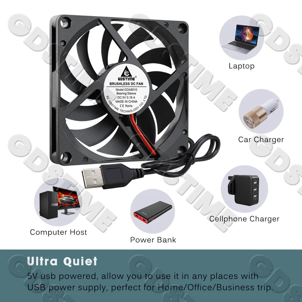 Gdstime 80mm Fan DC 5V 12V 24V 80x80x10MM Brushless Cooling Fan 8010 Double Ball Cooler 8CM Axial Fan for PC Case CPU Cooling
